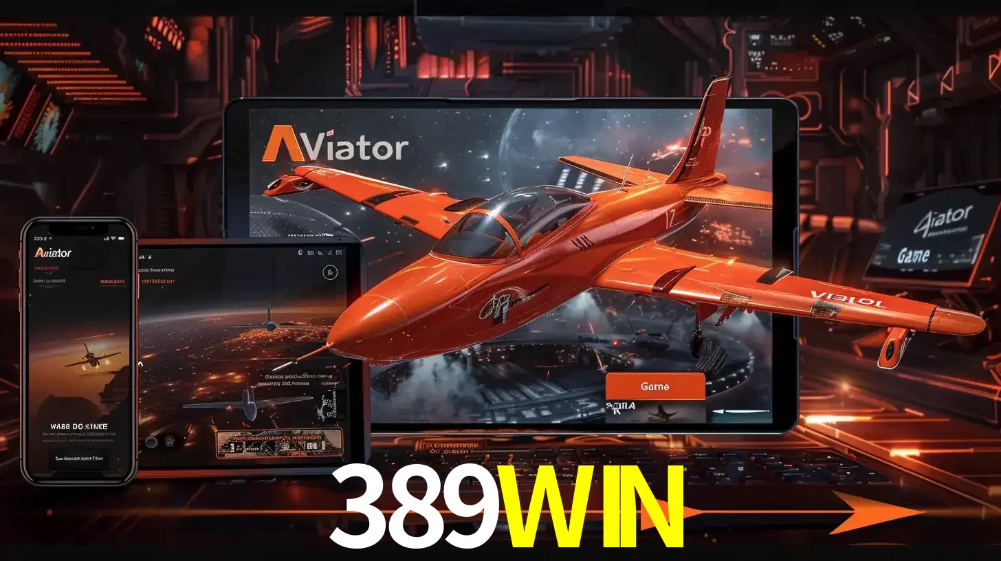 Apresentação tecnológica do jogo Aviator com um avião saindo da tela de um tablet, demonstrando a experiência imersiva em múltiplos dispositivos no 389WIN.
