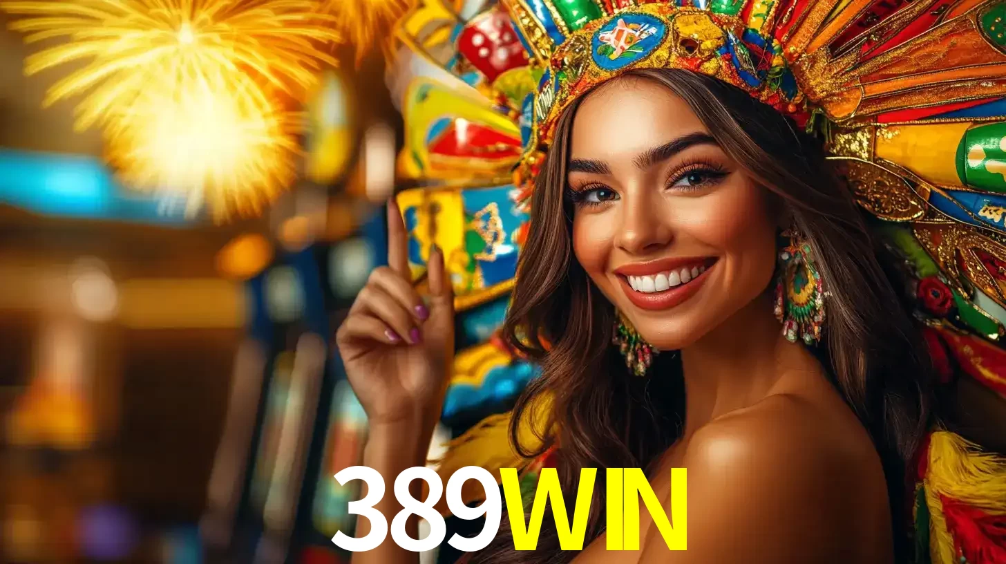 Mulher sorridente com um cocar de carnaval vibrante e colorido, celebrando uma grande vitória nos jogos do cassino 389WIN com fogos de artifício ao fundo.