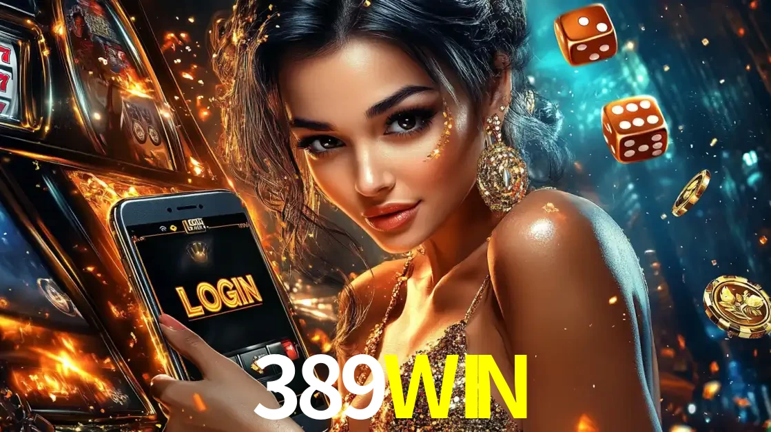 Mulher glamourosa segurando um celular com a tela de login do cassino 389WIN, rodeada por dados e moedas douradas, pronta para começar a diversão.