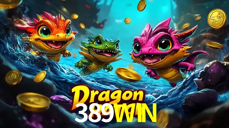 Arte promocional do jogo Dragon Hatch com três adoráveis dragões bebês nadando entre moedas de ouro, um dos slots mais divertidos para jogar no cassino 389WIN.