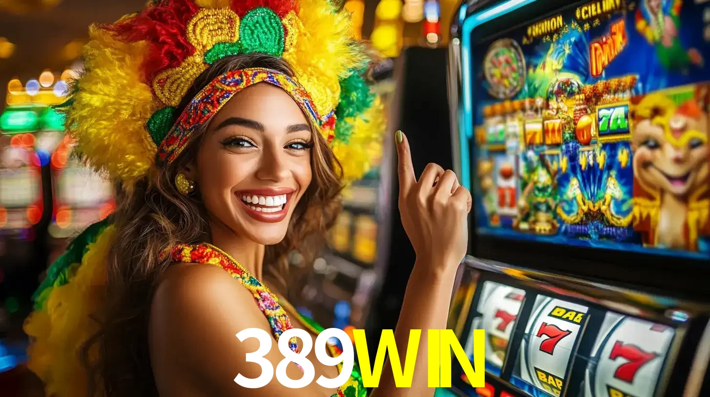 Mulher animada com um cocar de carnaval apontando para uma máquina de caça-níqueis, mostrando a emoção de ganhar um grande prêmio nos jogos do 389WIN.