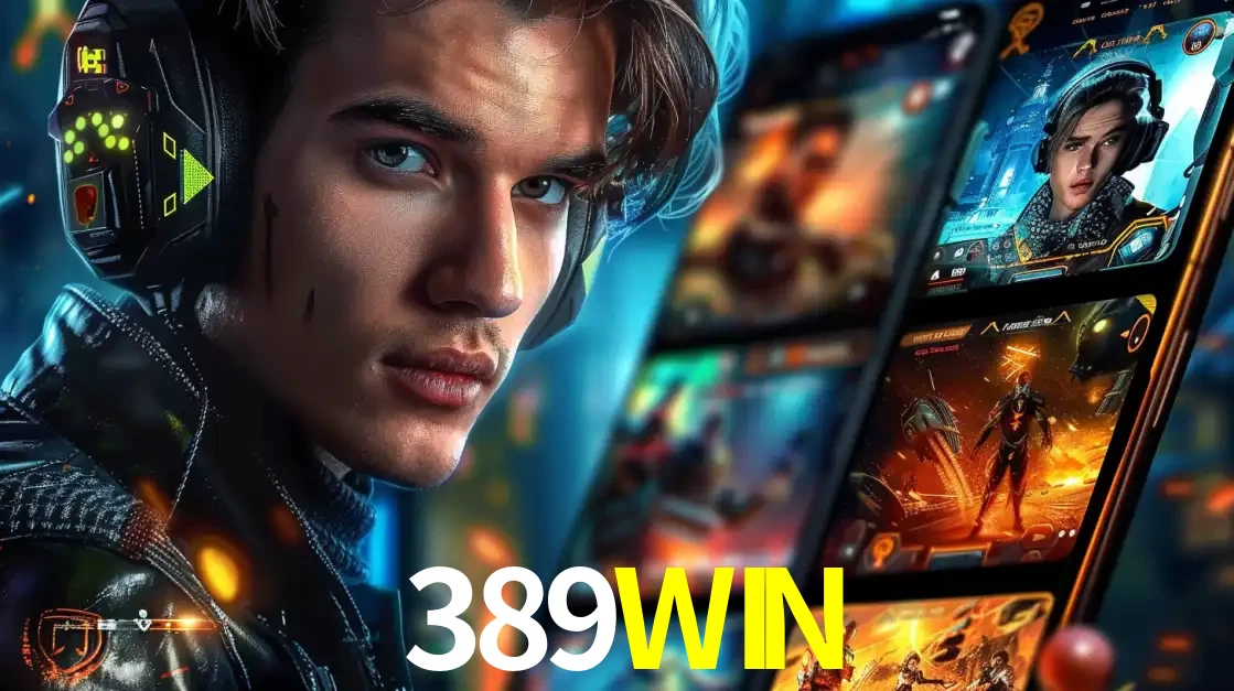 Jovem jogador com fones de ouvido olhando para a câmera, com um aplicativo de jogos e e-sports para celular ao fundo, pronto para a competição e apostas no 389WIN.