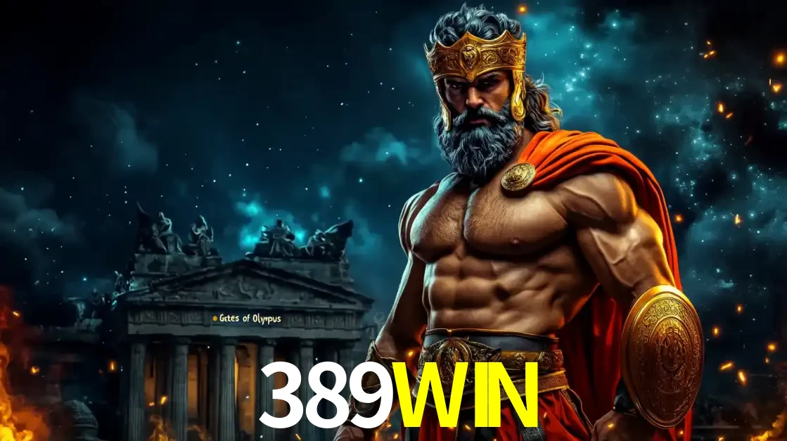 O poderoso Zeus do jogo de slot Gates of Olympus em frente ao seu templo, pronto para lançar multiplicadores divinos e prêmios épicos no cassino online 389WIN.