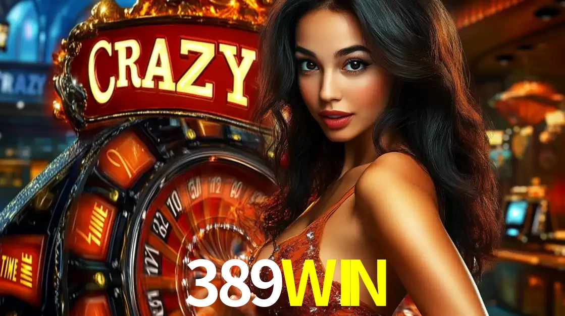 Mulher glamourosa olhando para a câmera com a roda vermelha do Crazy Time ao fundo em um ambiente de cassino, destacando a emoção dos jogos ao vivo no 389WIN.