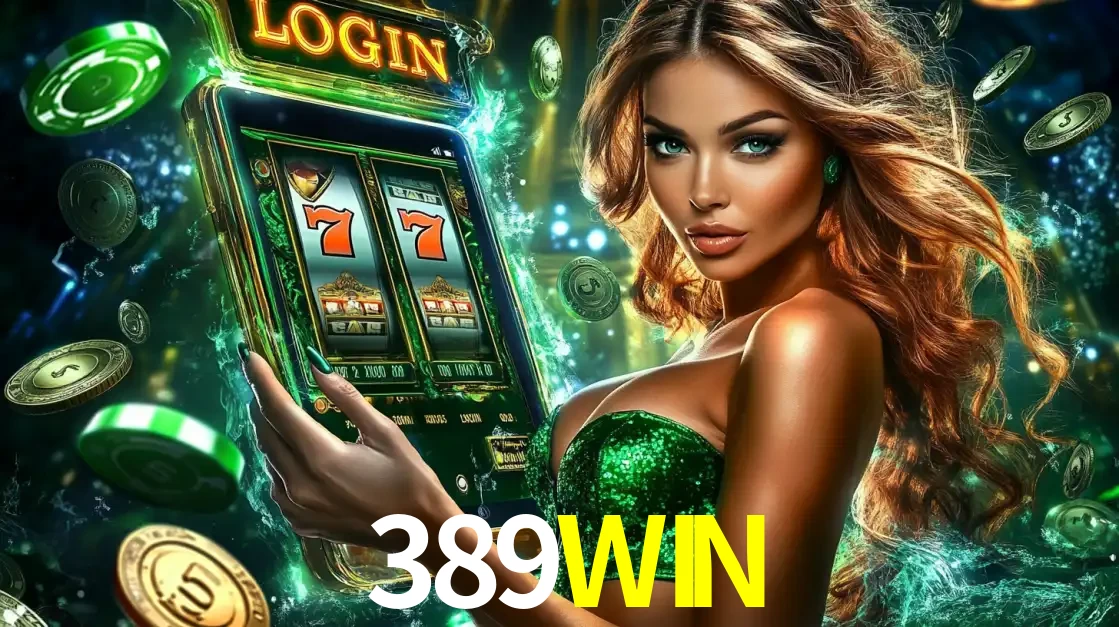Mulher com tema verde apresentando o aplicativo do cassino 389WIN com um jogo de slot de 777, cercada por fichas de cassino e uma aura de sorte.