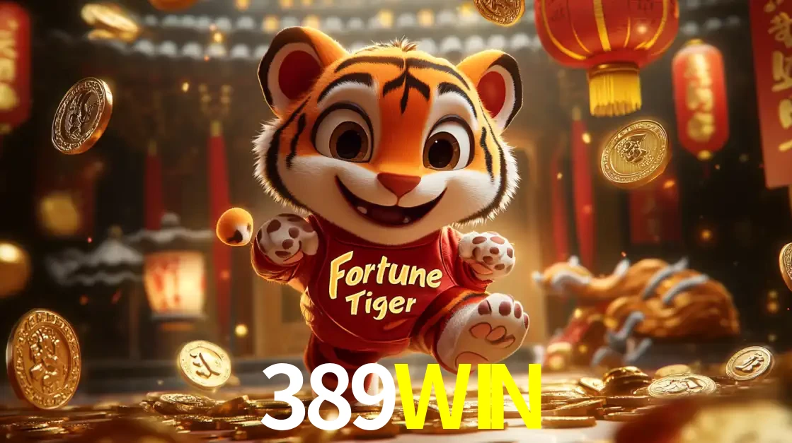O alegre personagem do Fortune Tiger correndo sobre um caminho de moedas de ouro, simbolizando os grandes prêmios e a diversão do popular jogo de slot do 389WIN.
