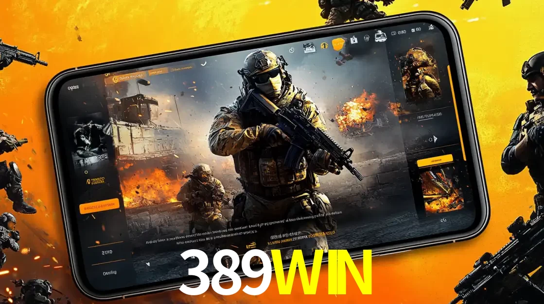 Um smartphone exibindo a interface de um jogo de tiro em primeira pessoa, com um soldado em um cenário de batalha, representando a ação dos e-sports para apostar no 389WIN.