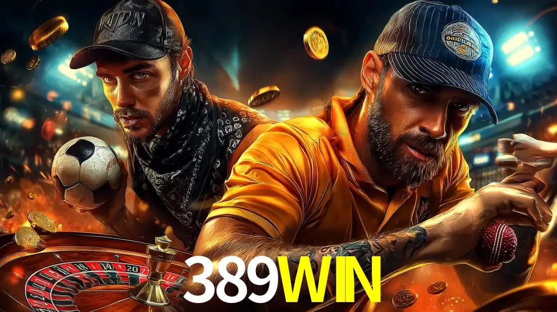 Montagem de apostas esportivas e cassino no 389WIN, com um homem segurando uma bola de futebol e outro uma de beisebol sobre uma roleta e moedas voadoras.