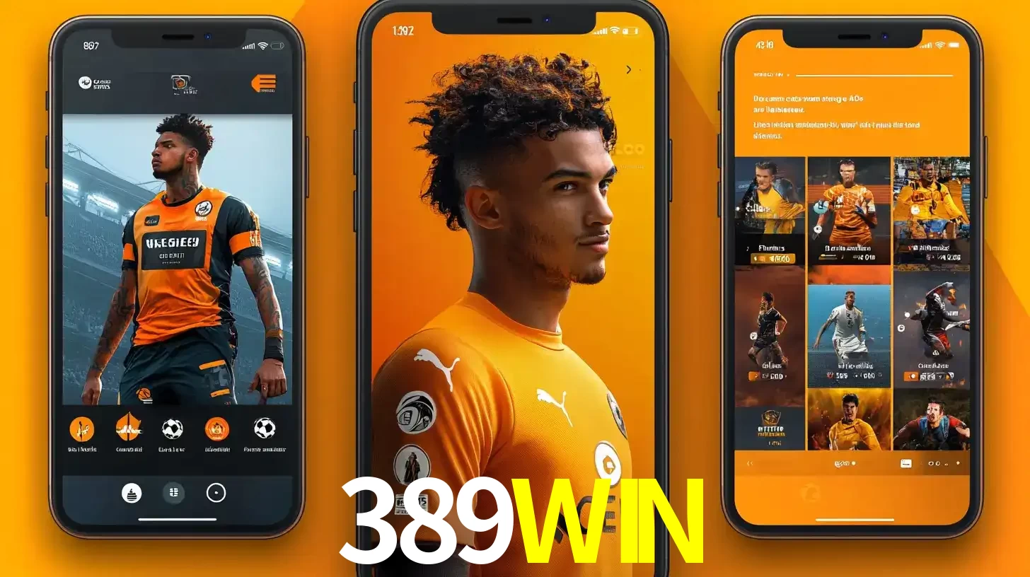 Interface do aplicativo de apostas esportivas 389WIN em três telas de celular, mostrando o perfil de um jogador de futebol e a lista de jogos disponíveis para apostar.