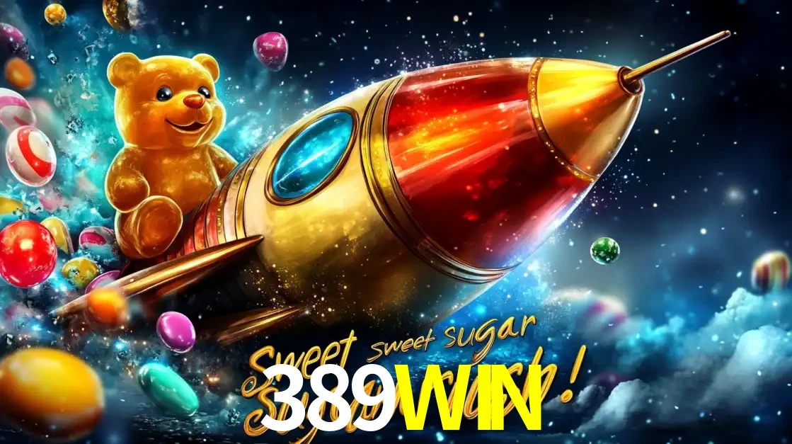 Arte promocional do jogo de slot Sugar Rush, com um urso de pelúcia em um foguete viajando pelo espaço de doces, um dos jogos divertidos disponíveis no cassino 389WIN.