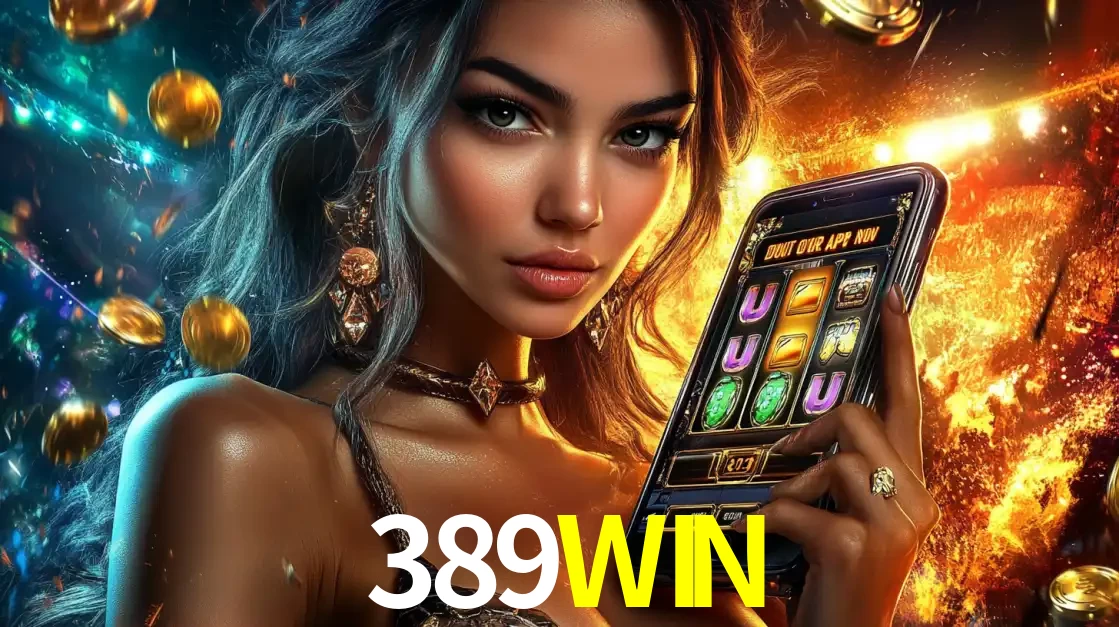 Mulher elegante mostrando um jogo de caça-níqueis em seu smartphone, destacando a experiência de cassino móvel oferecida pelo aplicativo 389WIN.