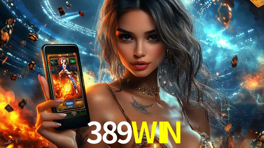 Mulher segurando um celular com um jogo de slot em destaque, tendo como fundo um estádio vibrante, simbolizando a emoção de jogar no cassino móvel 389WIN.