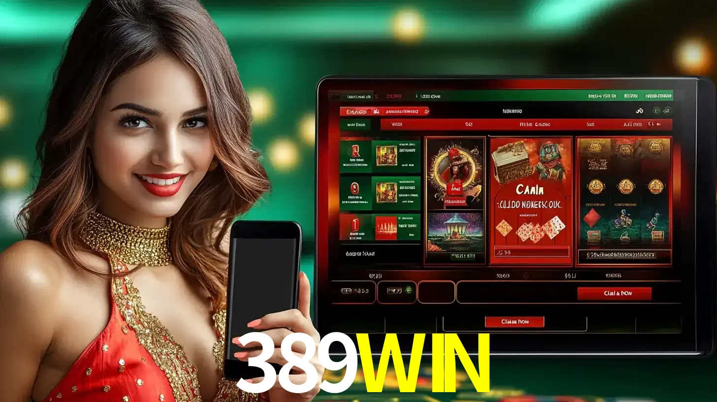 Mulher sorridente segurando um smartphone, ao lado de uma tela exibindo o lobby de jogos do cassino online 389WIN, com várias opções de jogos de cartas e slots.